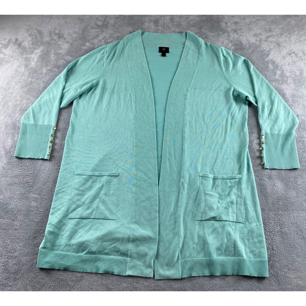 JM Collection Womens Plus 2X Aqua Mint Green‎ Open Front Cardigan Gold Buttons